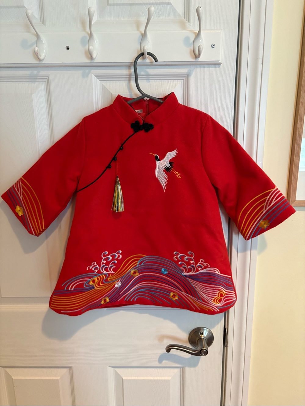 Red Embroidered Crane Tunic Top